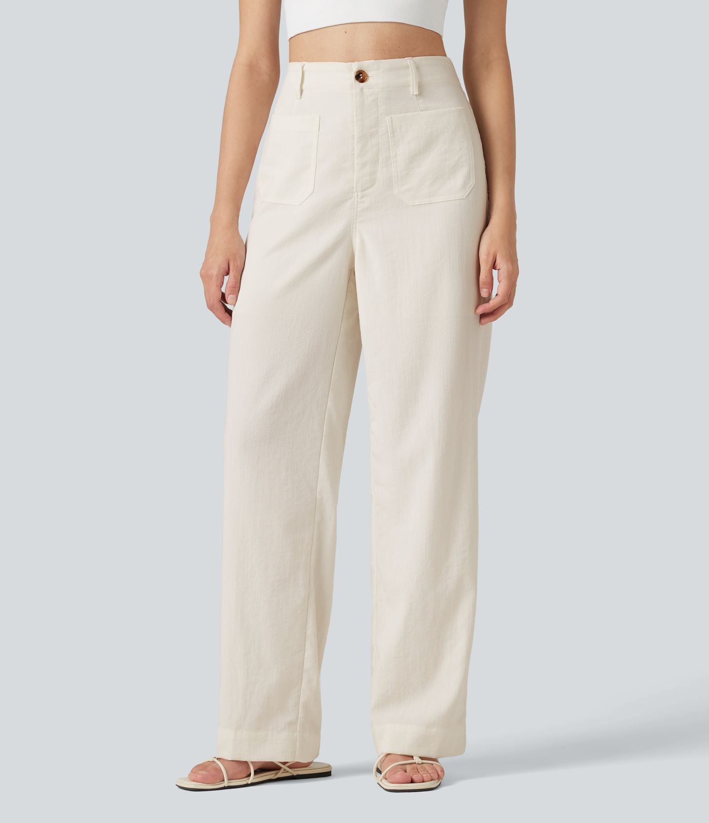 Pantalon décontracté coupe droite taille haute aspect lin avec poches