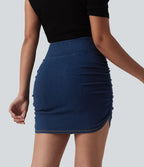 Jupe courte moulante denim Halara Flex™ gainante avec fronces taille mi-haute