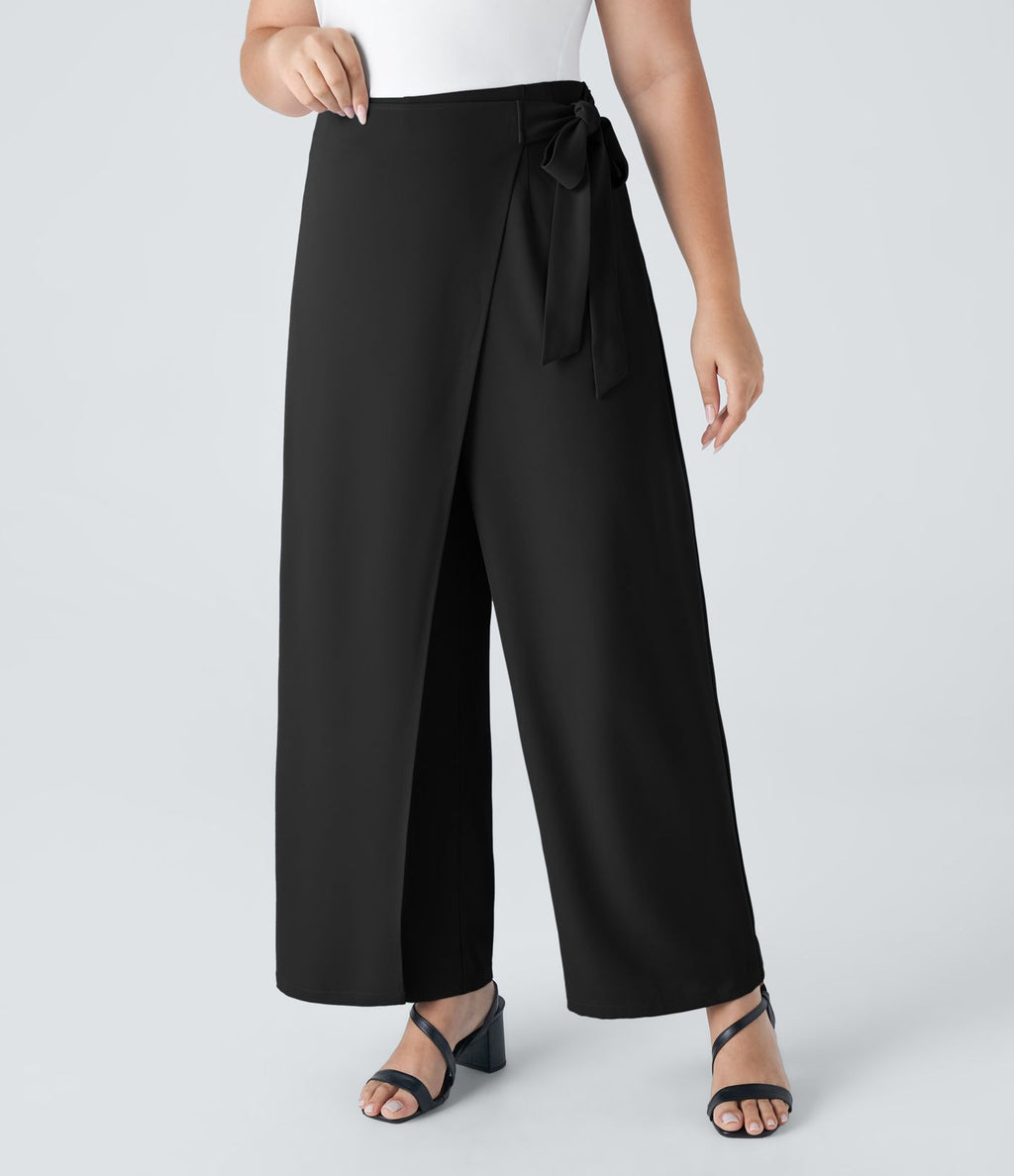 Pantalon Grande Taille à Jambe Large et Taille Haute avec Liens Latéraux et Fermeture Éclair Invisible
