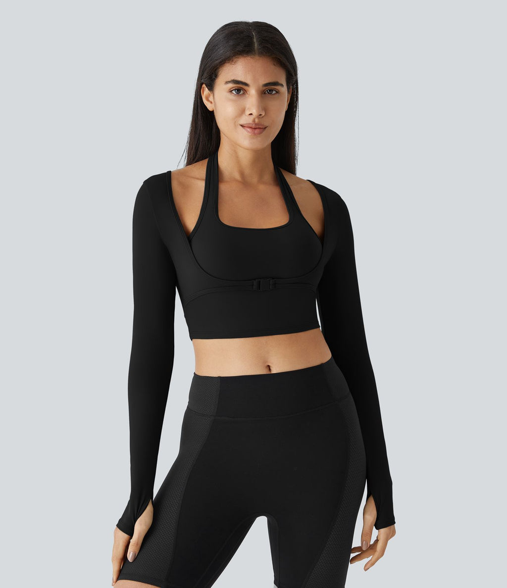 Softlyzero™ Plush Top Sport Yoga Manches Longues Trou pour le Pouce Dos Nu Col Halter