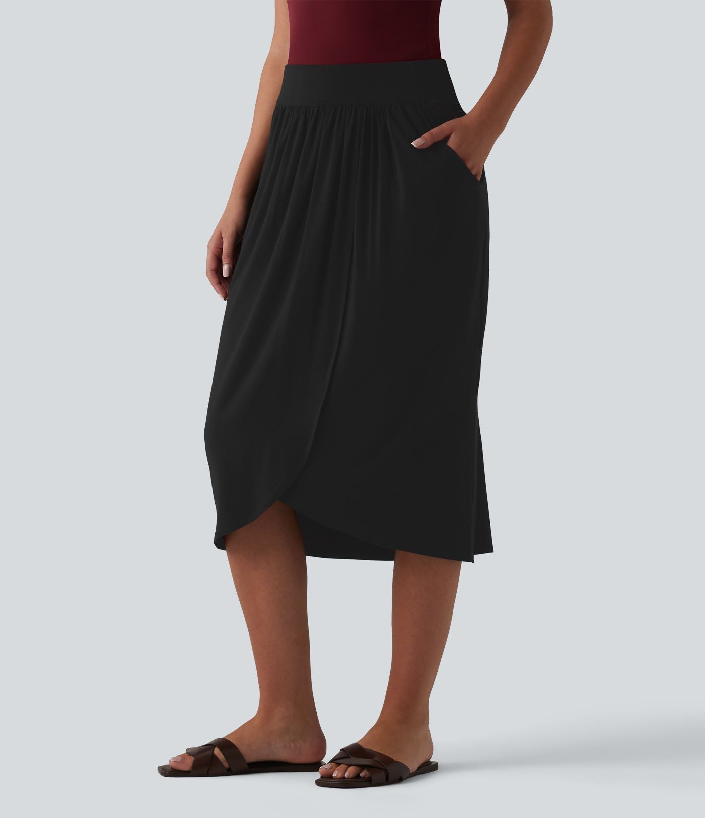 Jupe midi casual taille haute ourlet tulipe avec poches