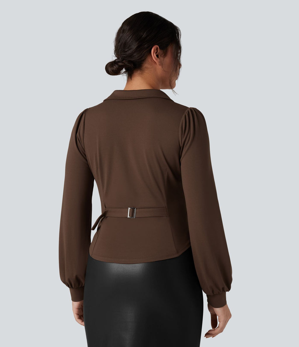Chemise tailleur froncée asymétrique col V manches longues