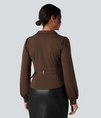 Chemise tailleur froncée asymétrique col V manches longues