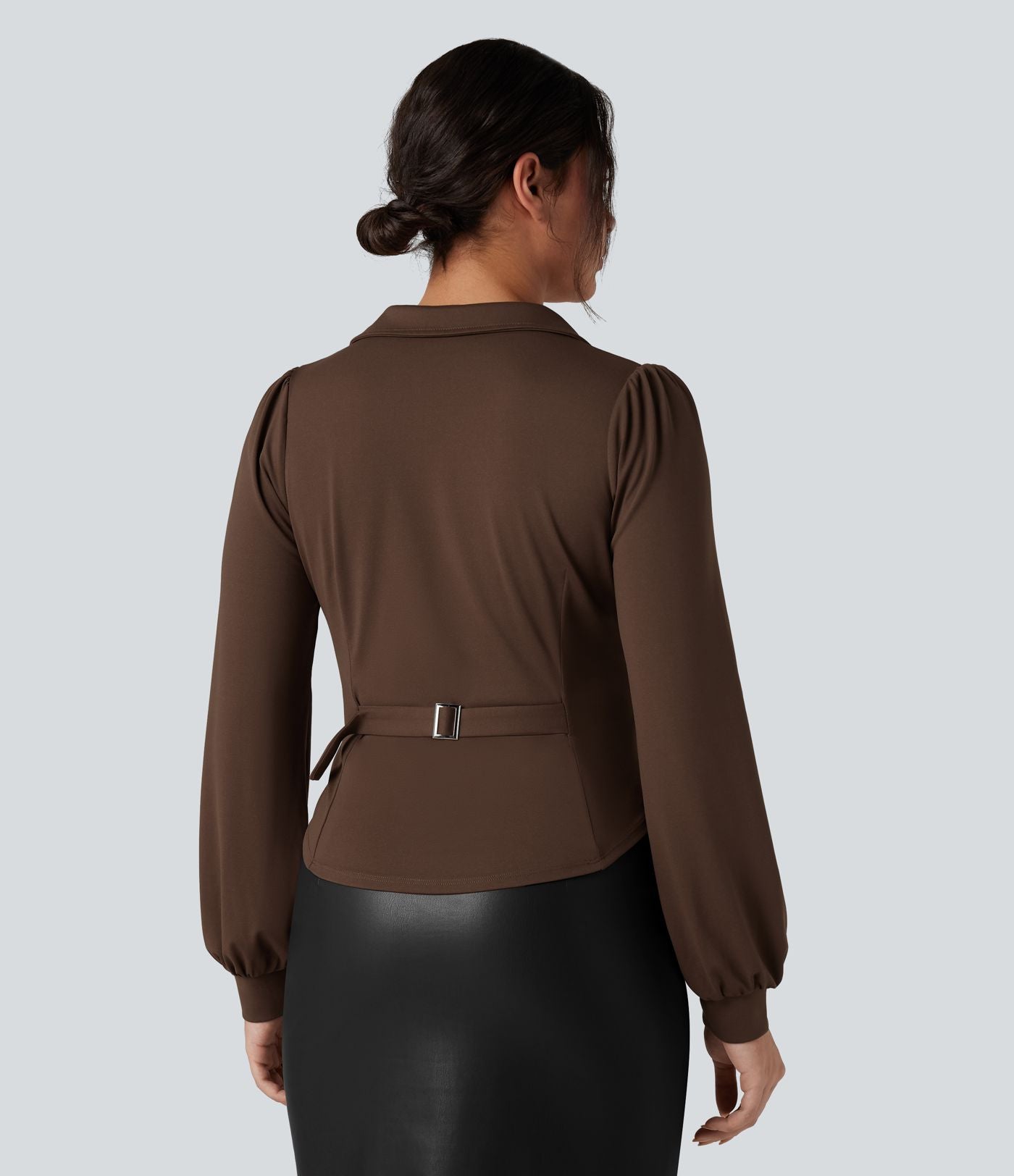 Chemise tailleur froncée asymétrique col V manches longues