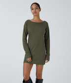 Robe Sweatshirt Casual Col Bateau Manches Raglan Avec Trous Pour Les Pouce Ourlet Fendu en Waffle
