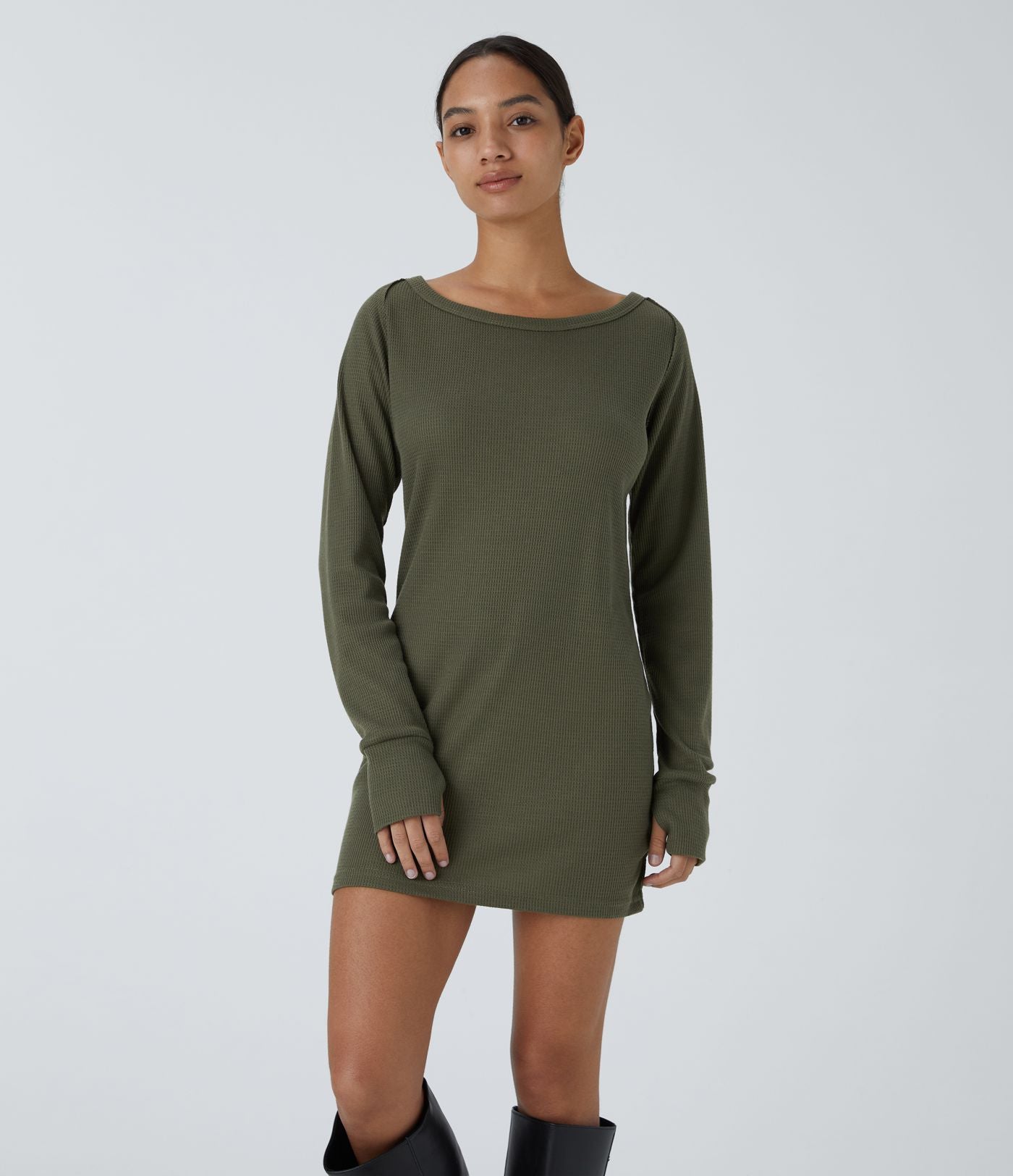Robe Sweatshirt Casual Col Bateau Manches Raglan Avec Trous Pour Les Pouce Ourlet Fendu en Waffle