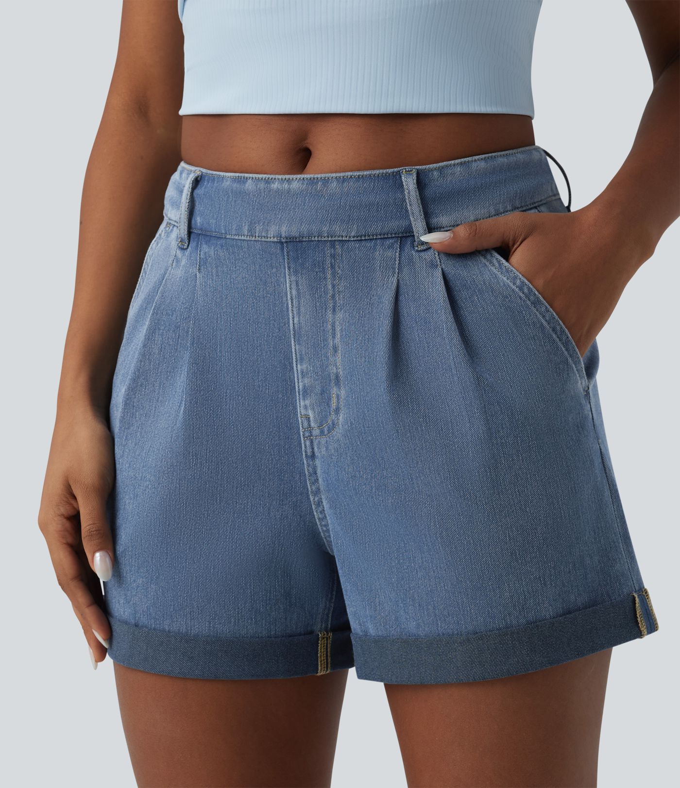 Halara Flex™ Short casual en denim taille mi-haute à ourlet retroussé avec poches