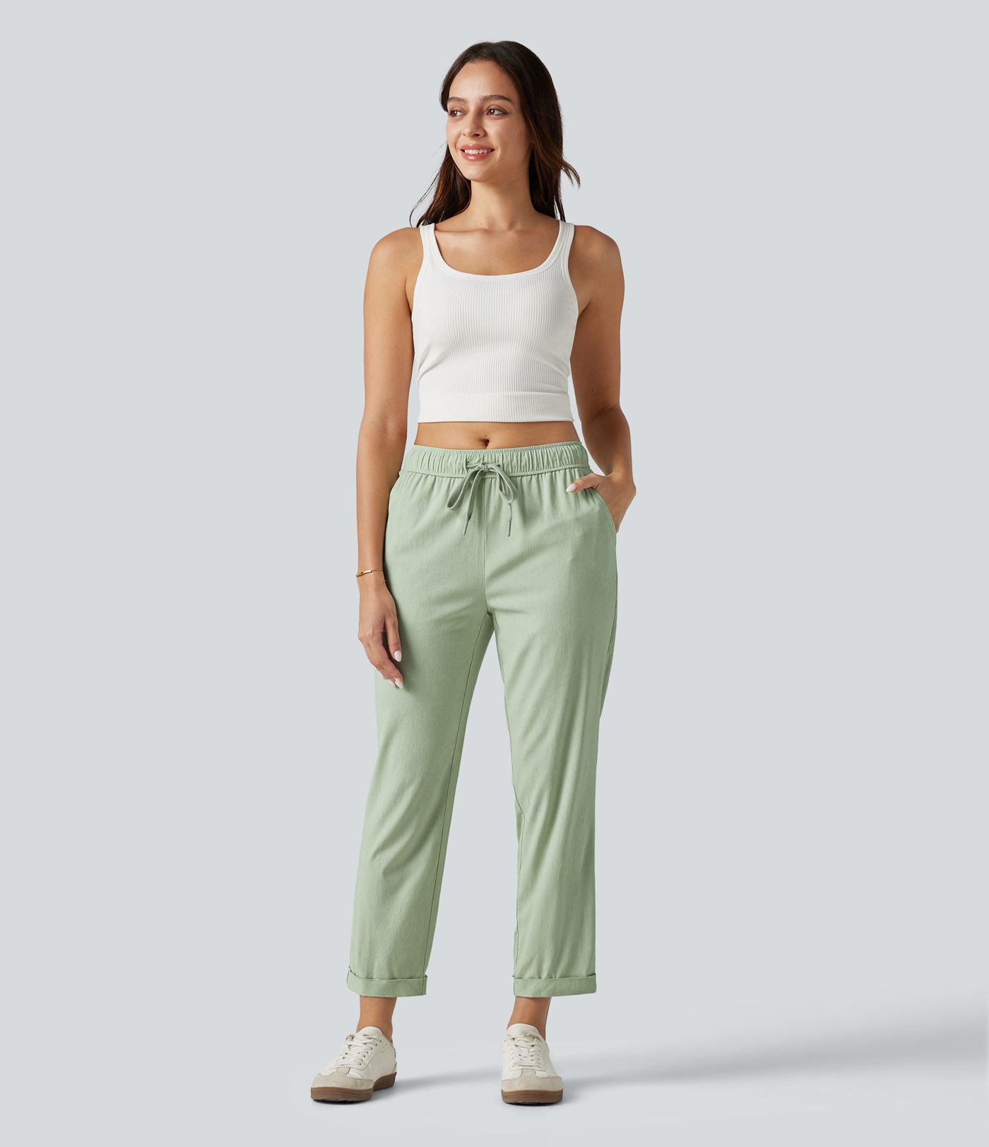 Pantalon ajusté décontracté taille mi-haute avec cordon de serrage, aspect lin extensible et poches