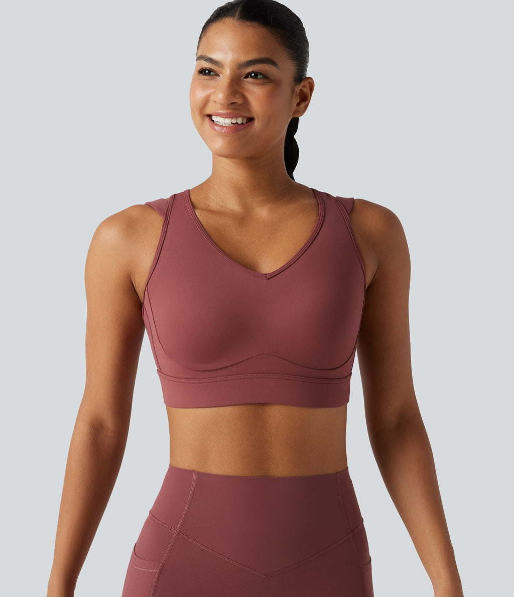 Brassière de sport de running maintien fort col V dos nu avec boucle ajustable et coussinets non amovibles