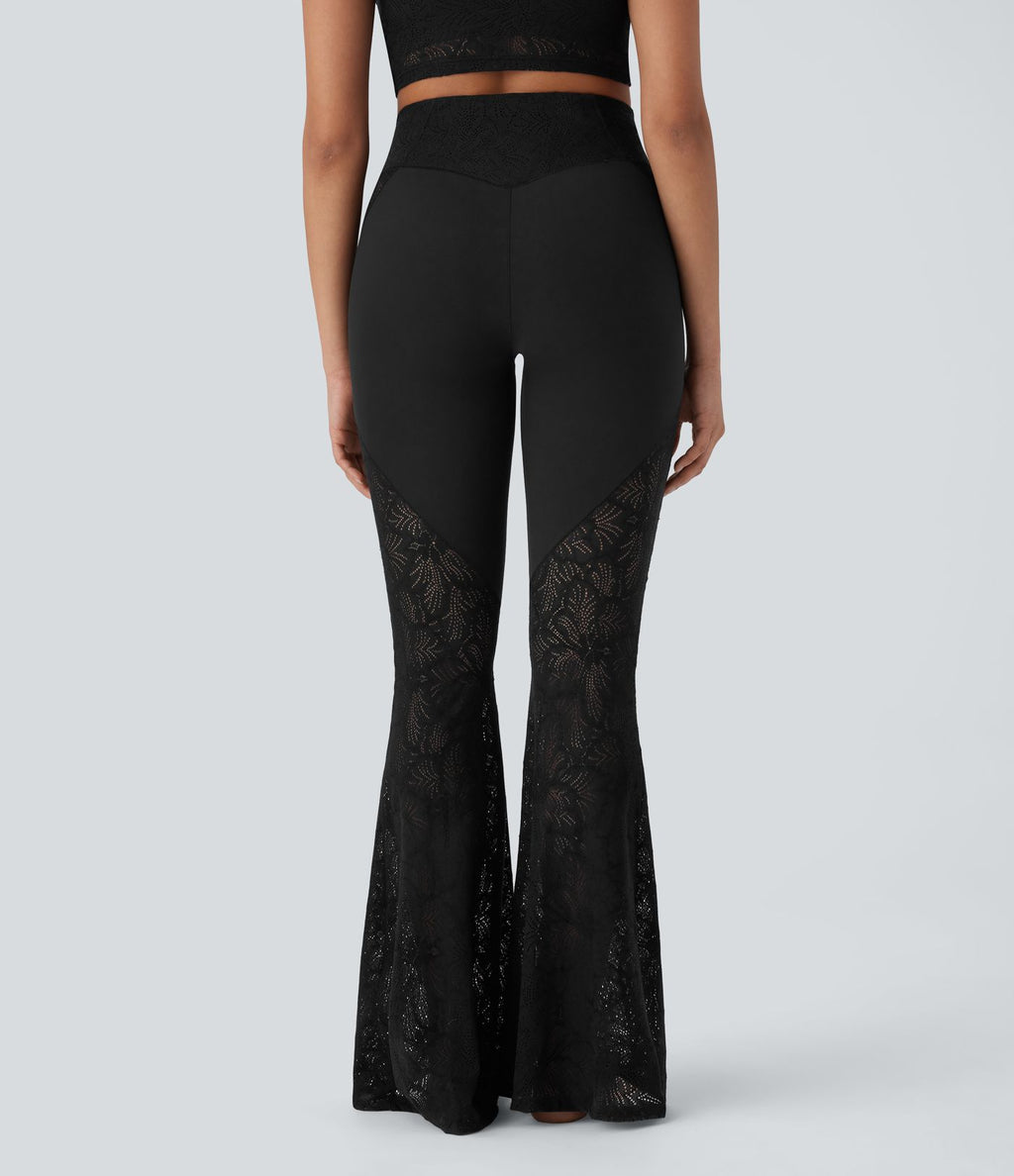 Pantalon de yoga évasé à taille haute croisée, poche arrière et dentelle