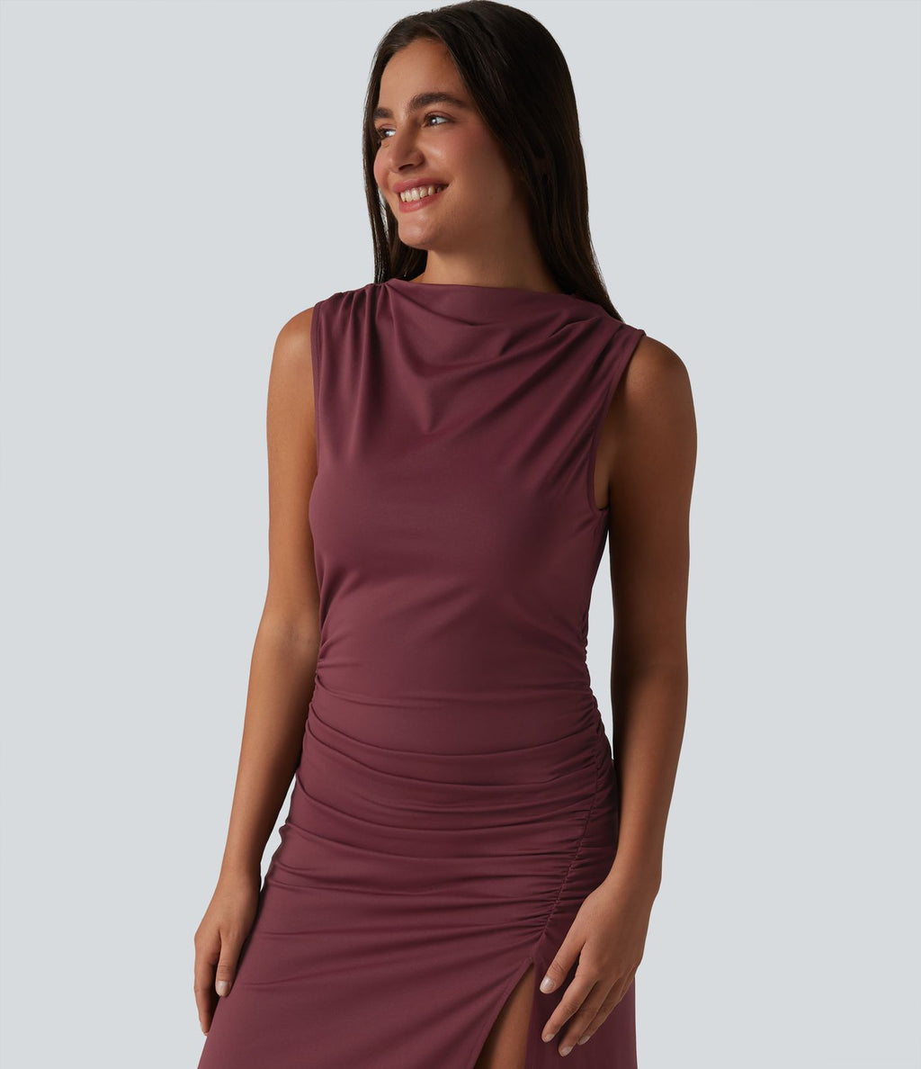 Robe décontractée moulante mi-longue col cheminée sans manches avec fermeture éclair invisible froncée et fente