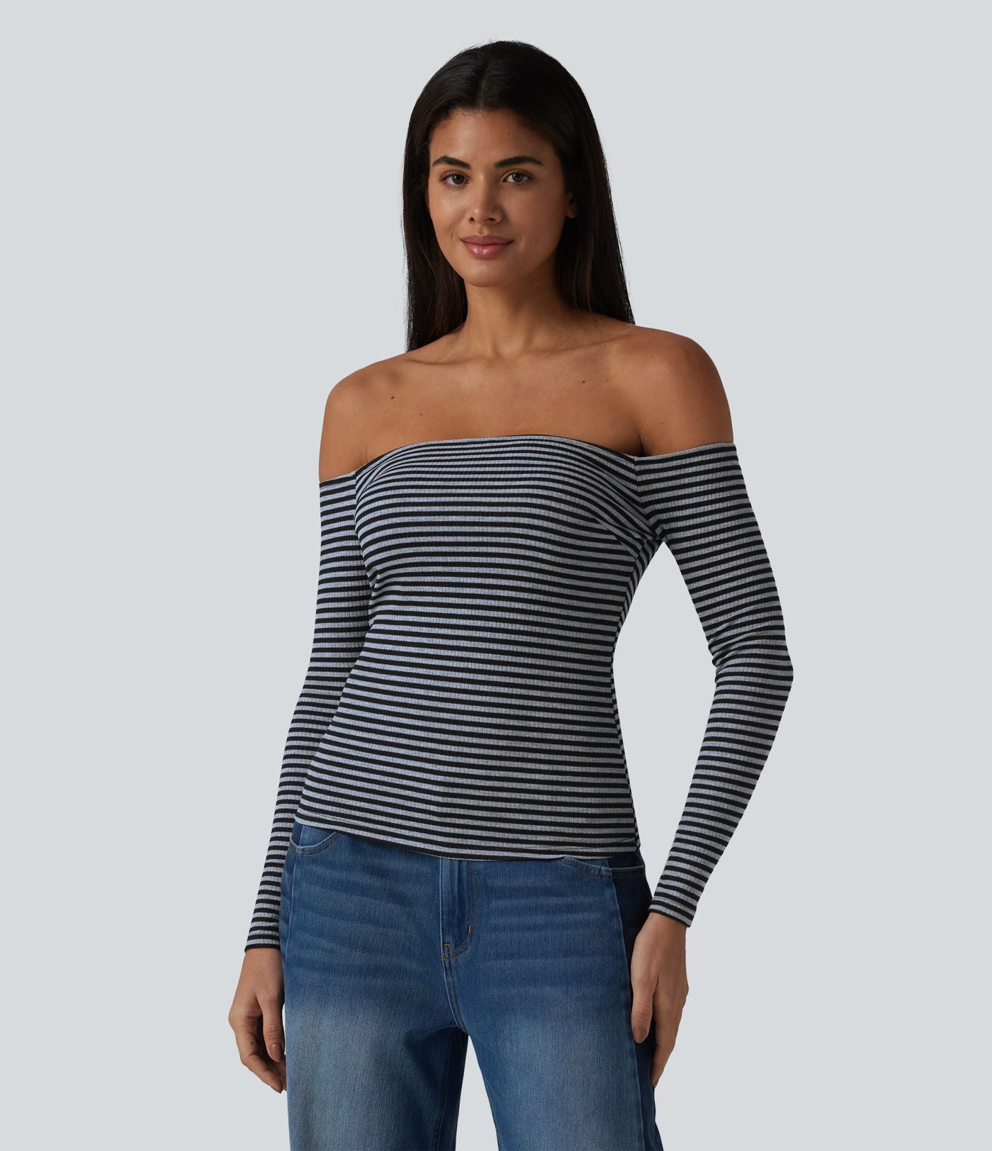 T-shirt casual rayé en maille côtelée à épaules dénudées, manches longues et soutien-gorge intégré