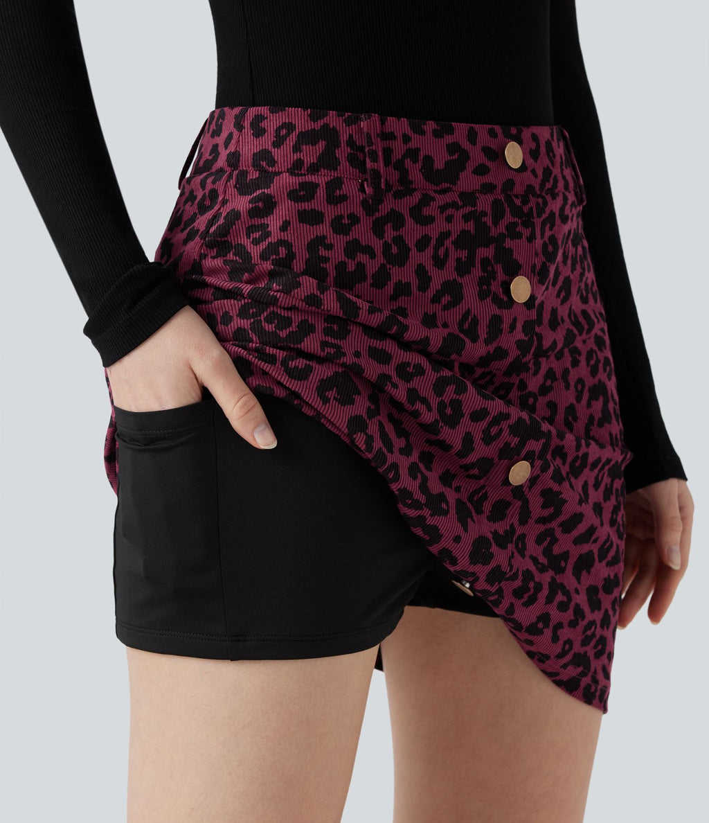 Jupe mini décontractée 2-en-1 taille haute imprimé léopard avec poche