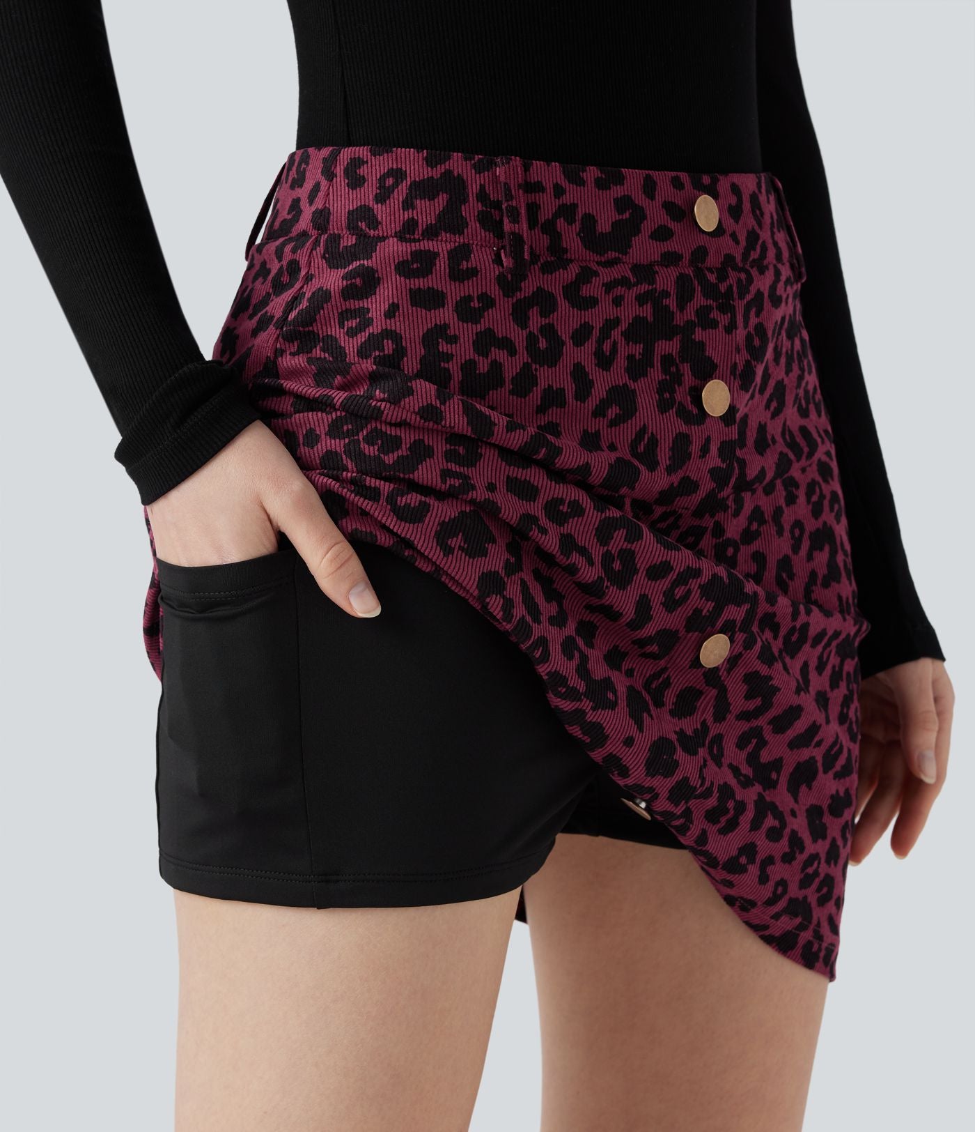 Jupe mini décontractée 2-en-1 taille haute imprimé léopard avec poche