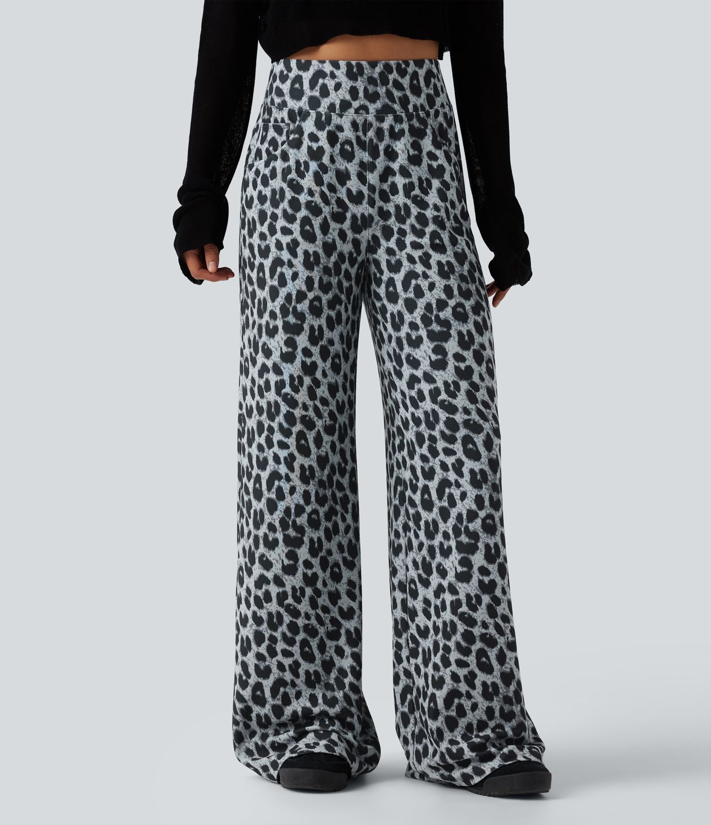 Pantalon large décontracté taille haute gaufré imprimé léopard avec poches