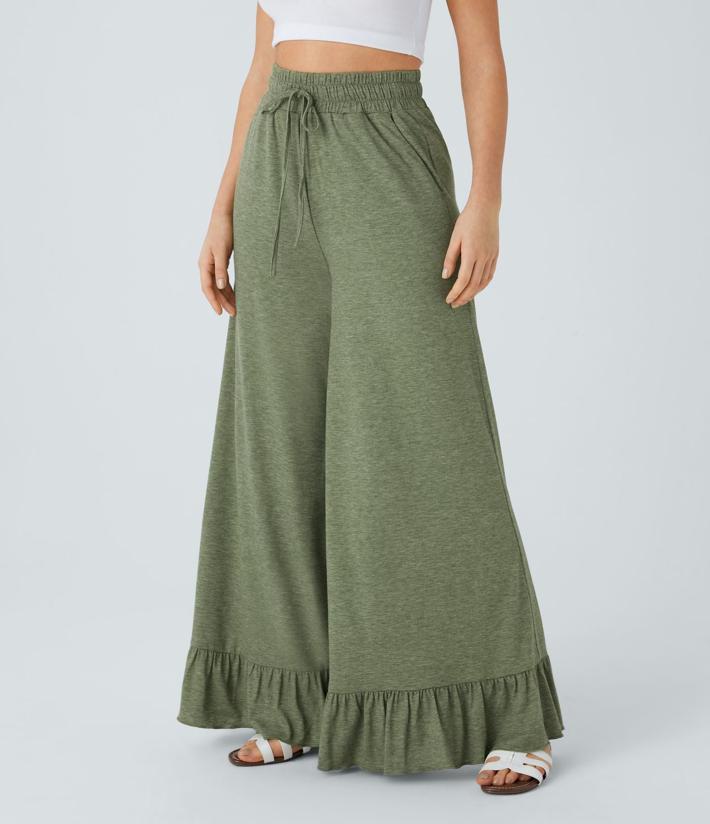 Pantalon Casual à Taille Haute avec Cordon De Serrage Poches Latérales et Volants Jambes Amples