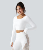 Haut de sport yoga court push-up à manches longues avec passants pouces et dentelle contrastée - UPF50+ SoftlyZero™