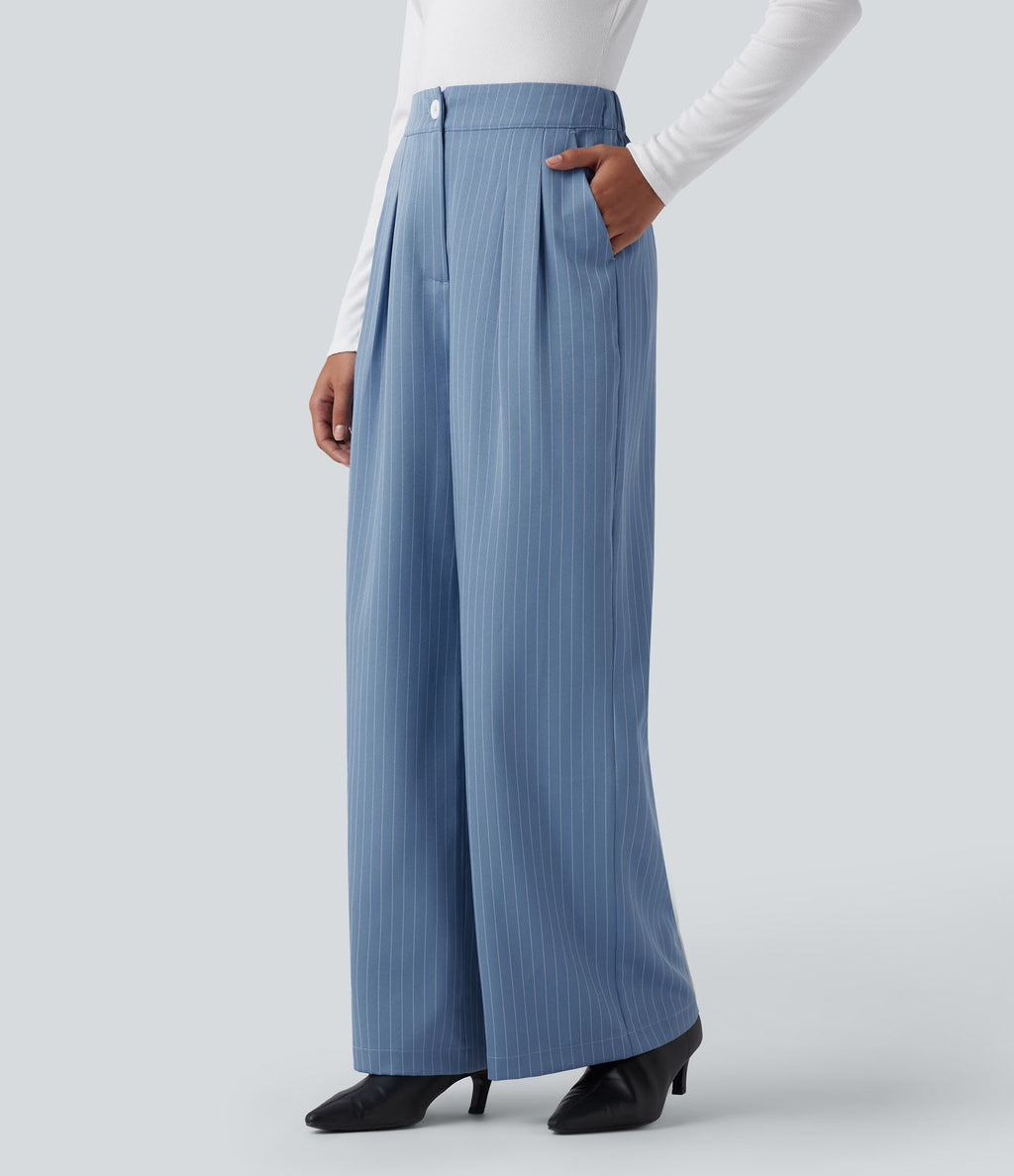 Pantalon Tailleur Large Fluide à Rayures, Taille Haute, Bouton et Fermeture Éclair, Poches Latérales