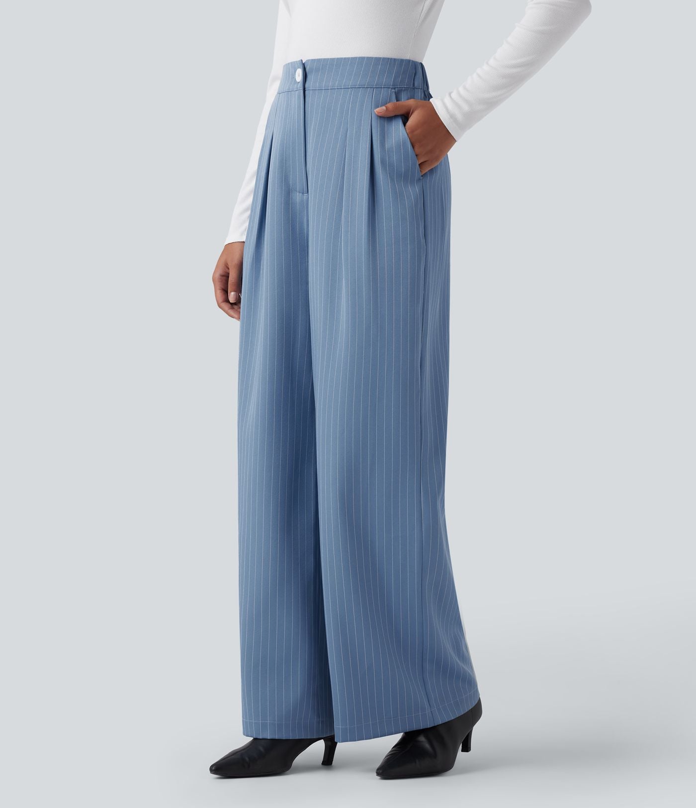 Pantalon Tailleur Large Fluide à Rayures, Taille Haute, Bouton et Fermeture Éclair, Poches Latérales