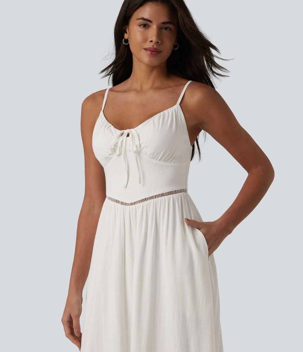 Robe nuisette midi aspect lin avec nœud devant, découpes et poches