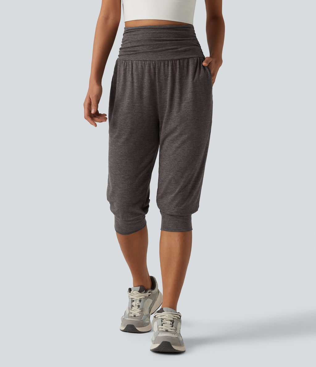 Jogging yoga corsaire chiné taille haute à fronces avec poches