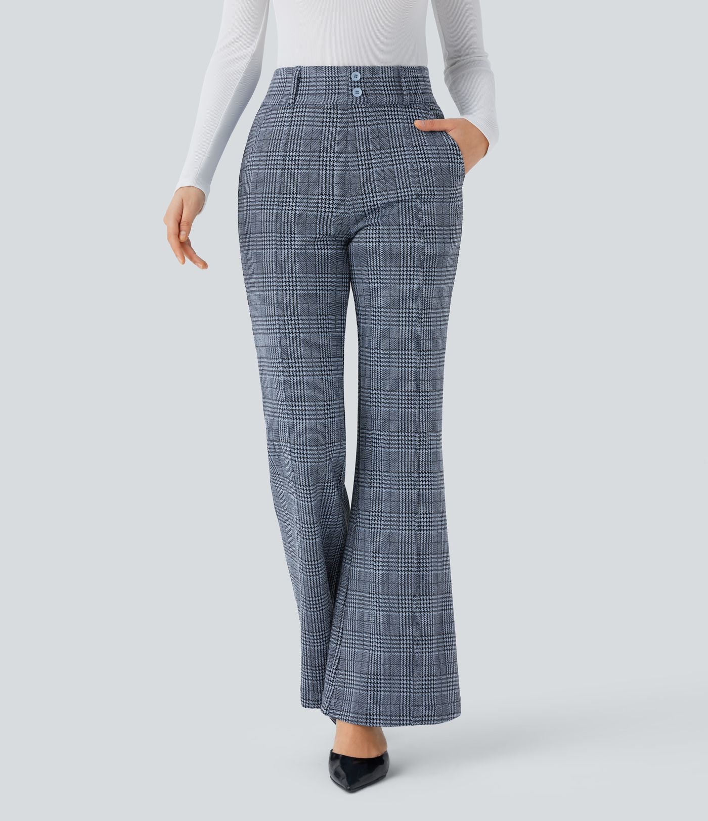 Halara Flex™ Pantalon tailleur évasé à carreaux pied-de-poule, taille haute avec boutons décoratifs et poches latérales
