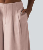 Pantalon large fluide taille haute en lin mélangé avec poches et liens latéraux