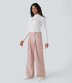 Pantalon taille haute décontracté large à carreaux, avec poches