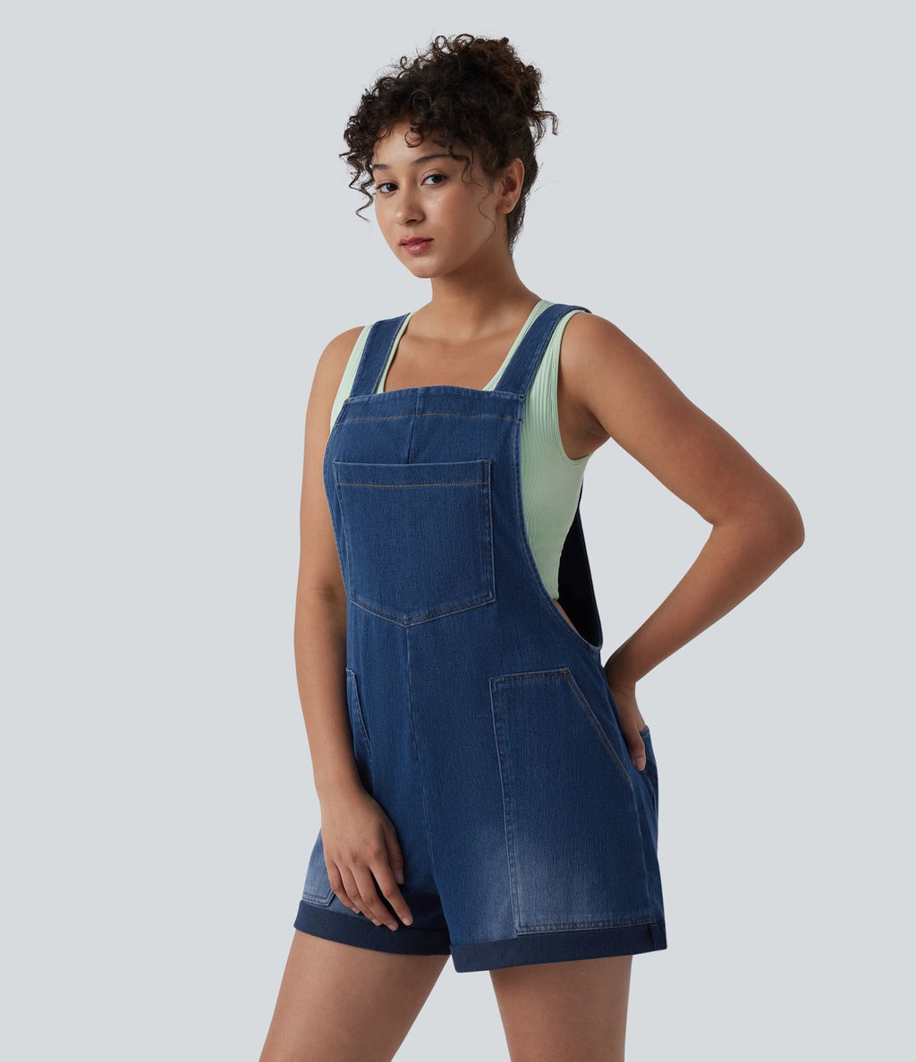 Halara Flex™ Salopette courte en denim encolure carrée ourlet retroussé avec poches