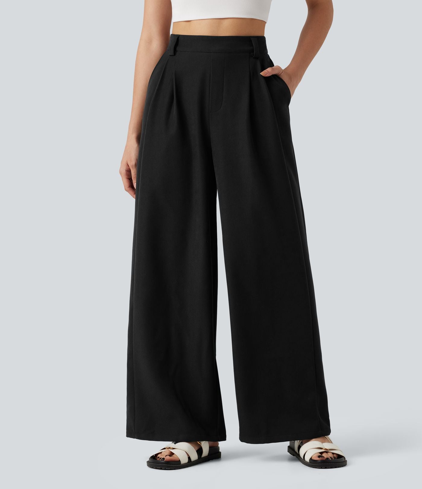 Pantalon tailleur large, taille haute, à poches