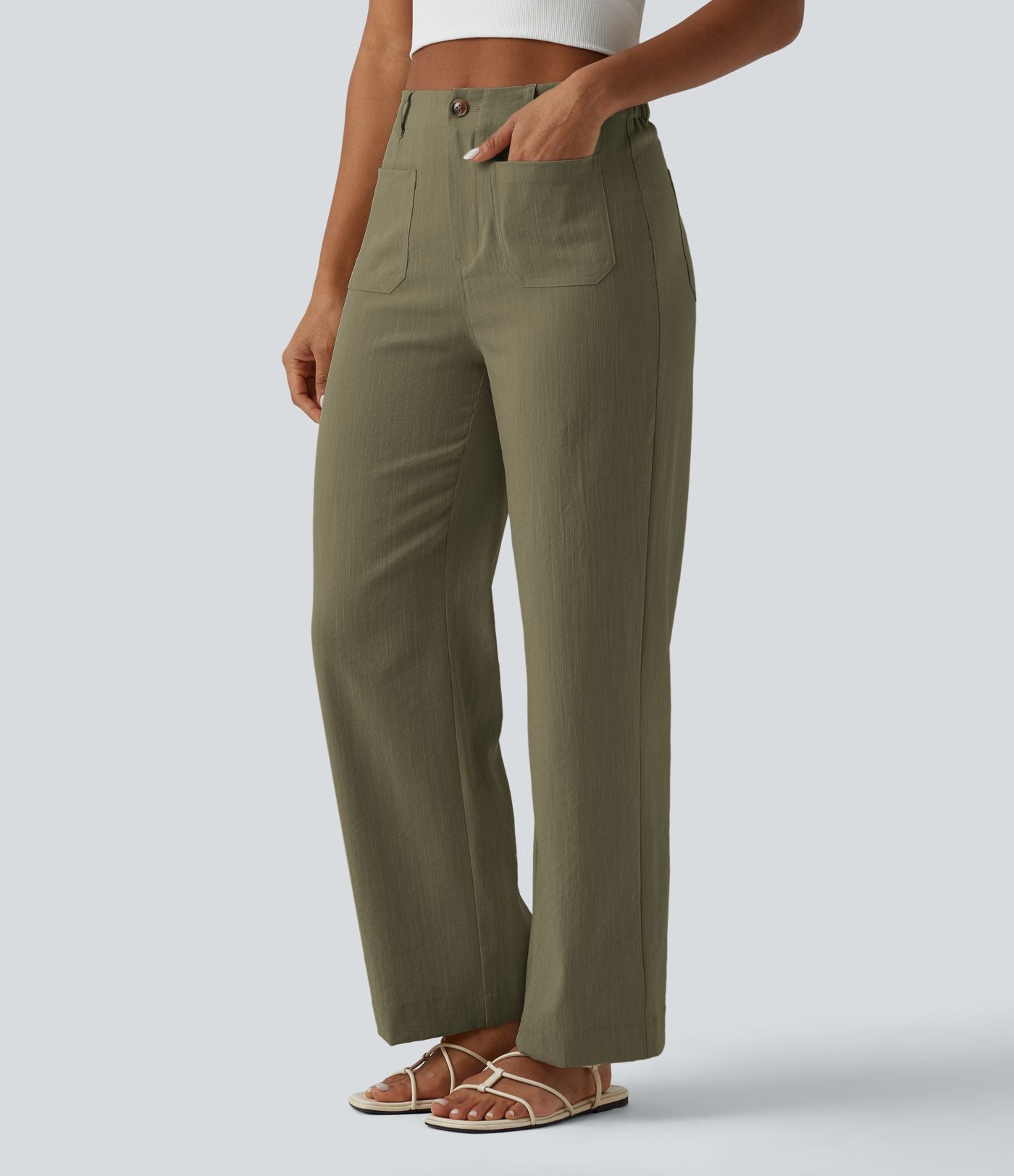 Pantalon taille haute coupe droite effet lin avec poches