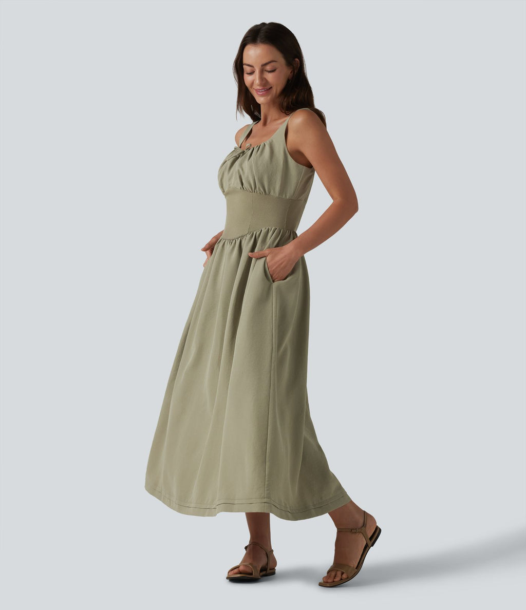 Robe midi décontractée à corset lacé et col carré avec poches