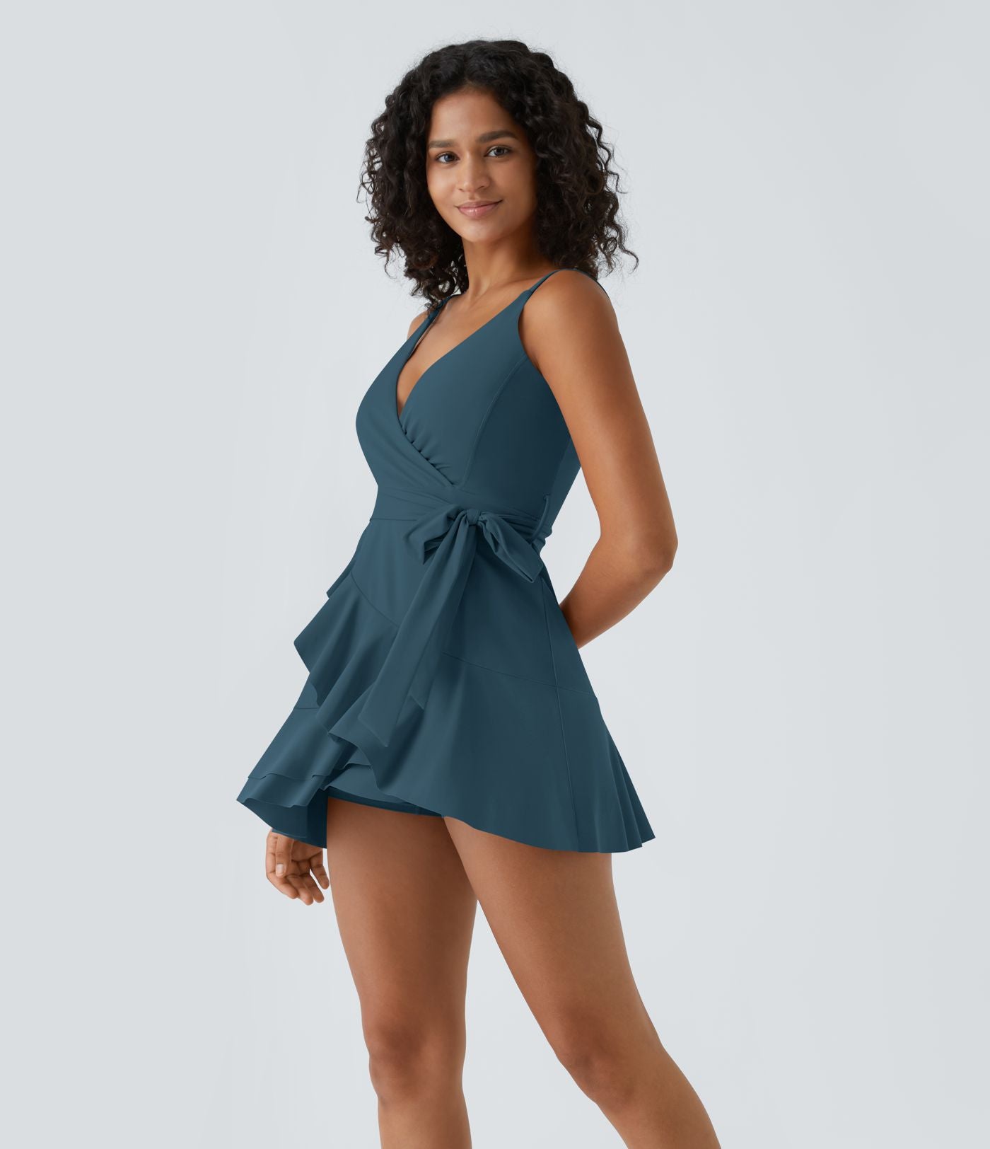 Robe décontractée mini 2-pièces col V liens latéraux volant fluide avec poche A-D