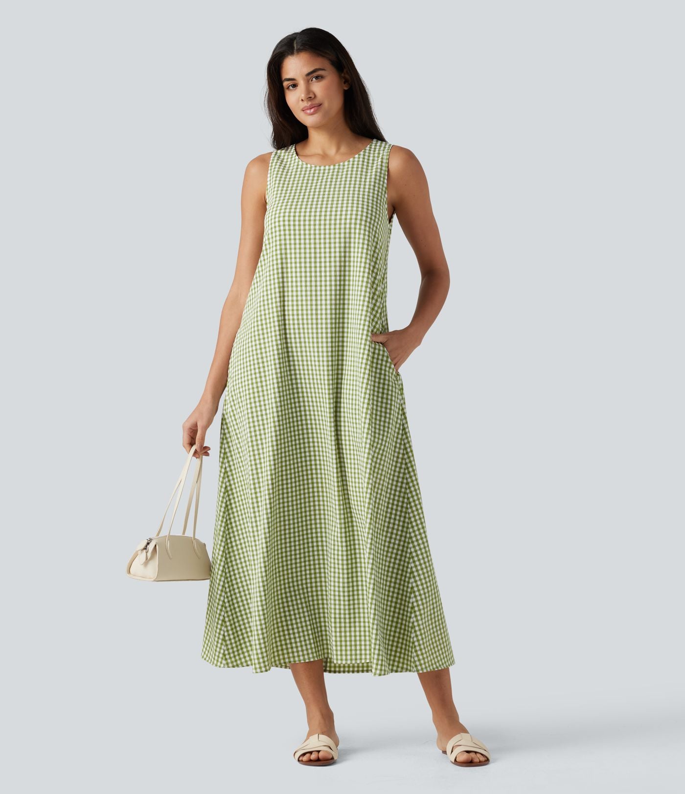 Robe débardeur midi décontractée col rond sans manches en vichy froissé avec poches