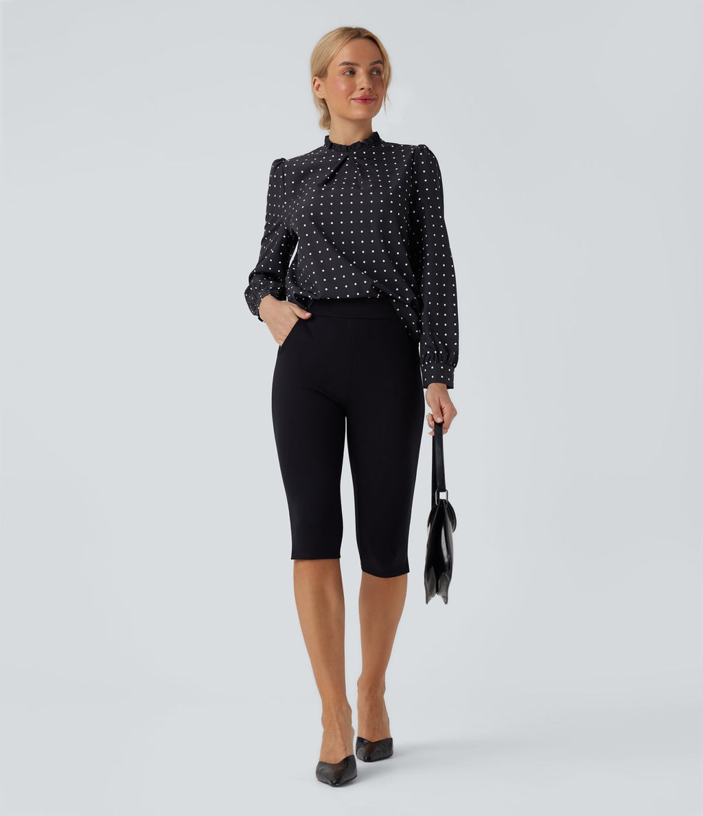 Blouse travail col montant à volants pois manches longues