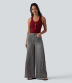 Halara Flex™ Jean large Palazzo et Taille Haute avec Poches Avant en Tricot Extensible Lavé