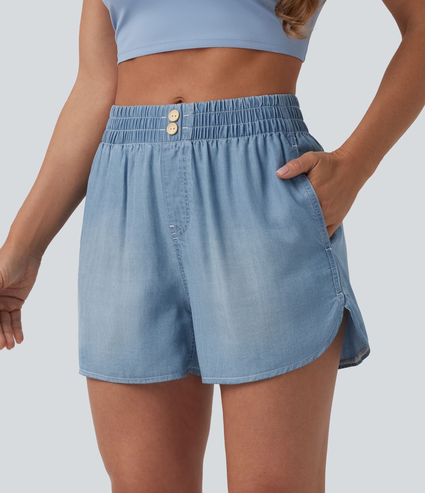 Short en jean décontracté taille mi-haute en lyocell drapé, 9 cm, avec poches