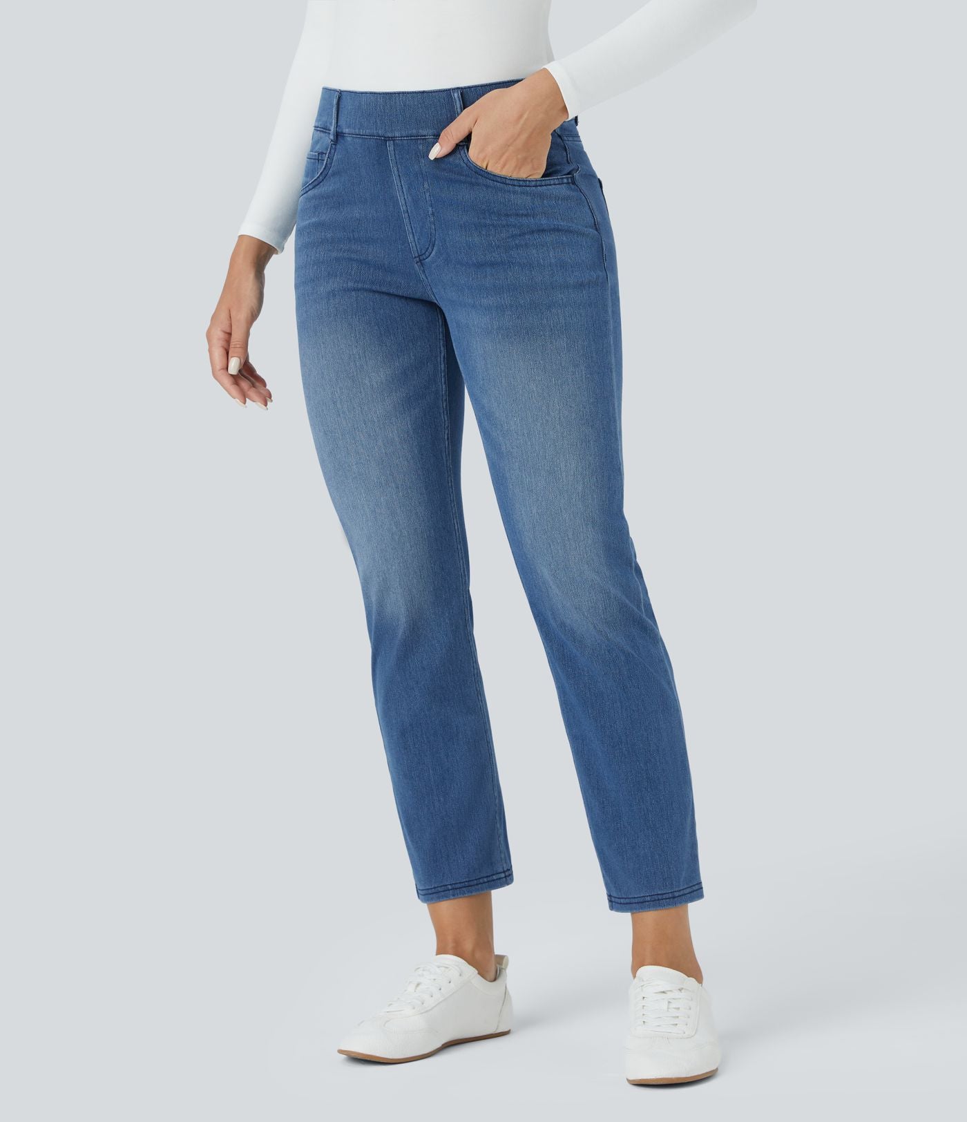 HalaraMagic™ Jean 7/8 Travail en Tricot Extensible Lavé à Jambes Droites et Poches Multiples à Taille Mi-Haute
