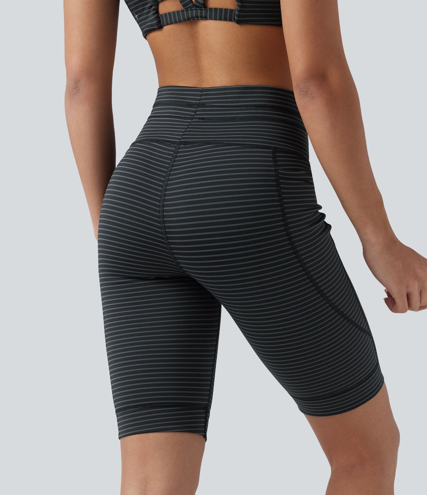 Short cycliste de yoga taille haute à rayures avec cordon de serrage 23 cm et poches