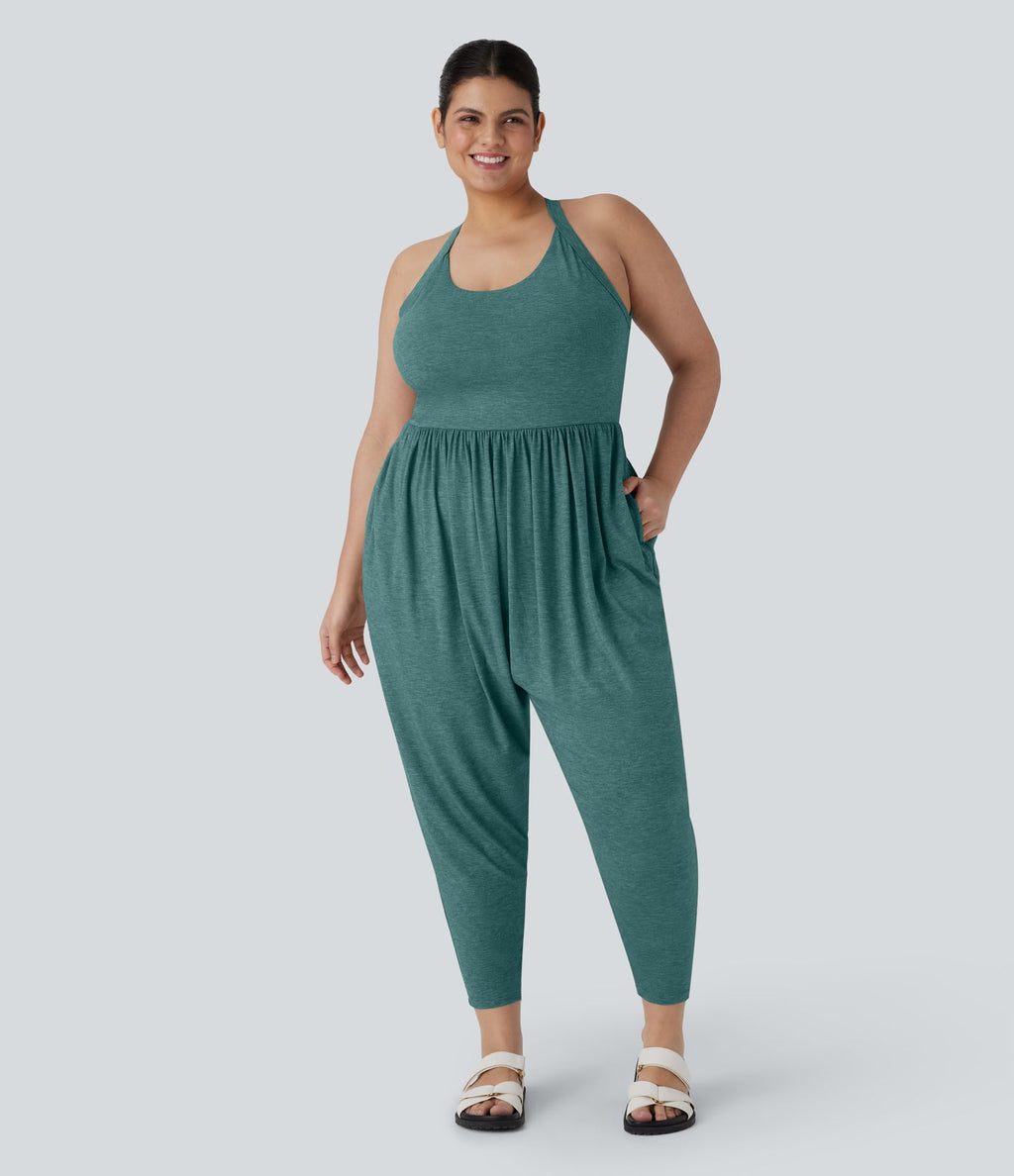 Combinaison sarouel dos nu torsadée grande taille avec poche latérale - Édition facile à enfiler