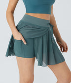 Jupe Casual Évasée Fluide 2 en 1 en Maille Contrastée Taille Haute Cordon de Serrage Poche Latérale