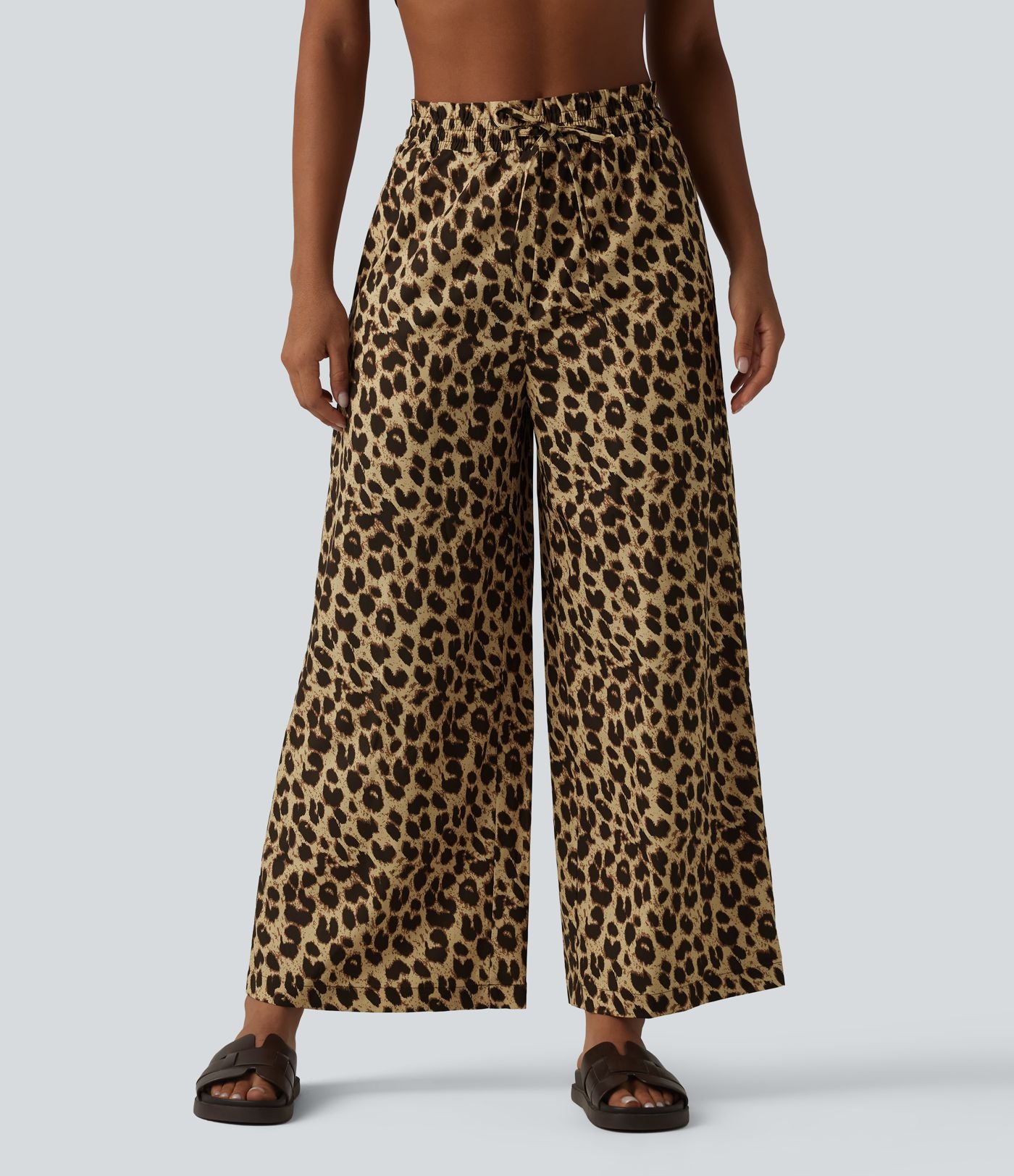 Pantalon large et fluide à imprimé léopard, taille haute avec cordon de serrage et poches latérales