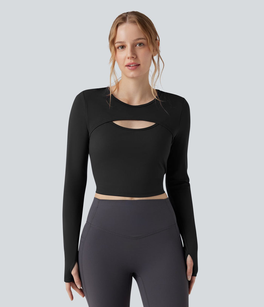 Haut de sport yoga court 2-en-1 col rond à manches longues avec passants pouces et laçage SoftlyZero™ Airy - UPF50+