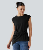Top casual col rond manches courtes ourlet asymétrique torsadé