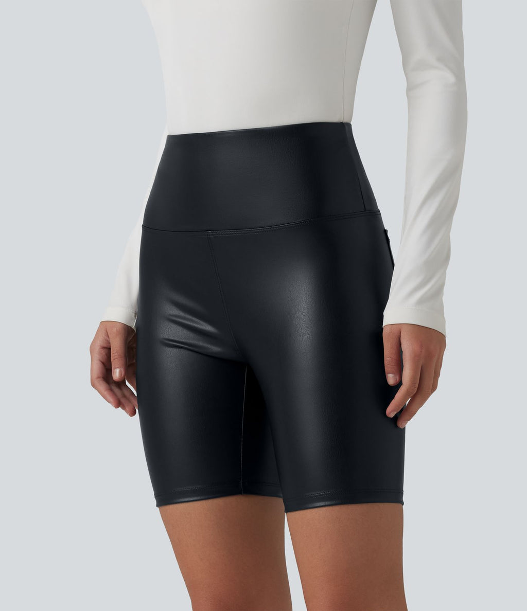 Short de cycliste casual en PU stretch gainant taille haute 17,5 cm avec poches
