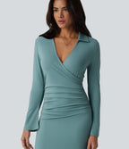 Robe midi décontractée à col en V et manches longues froncées