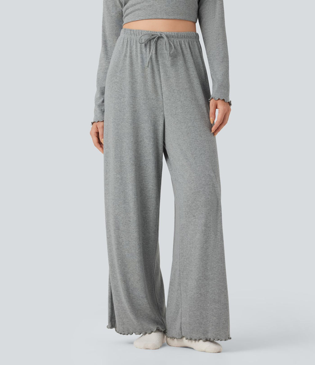 Pantalon détente taille haute coupe droite finitions plissées pointelle avec cordon de serrage