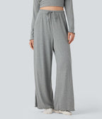 Pantalon détente taille haute coupe droite finitions plissées pointelle avec cordon de serrage
