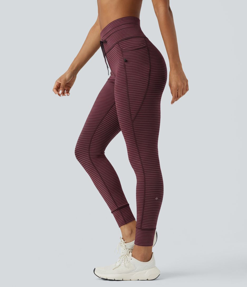 Legging de yoga rayé taille haute avec cordon de serrage et poches
