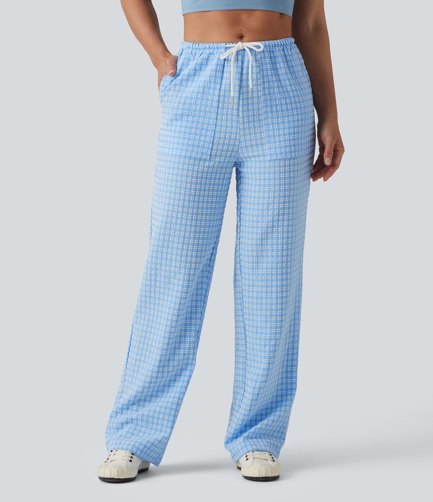 Pantalon casual coupe droite taille mi-haute vichy à cordon de serrage avec poches
